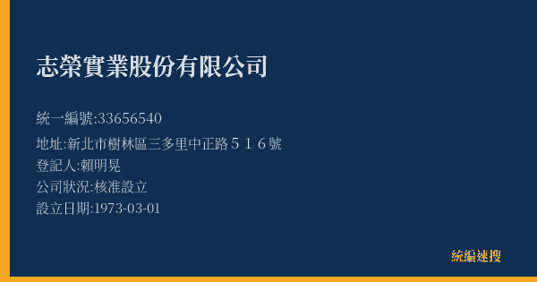 志榮實業股份有限公司的照片-統編 33656540(新北市) 公司登記資料與營業項目詳細圖表