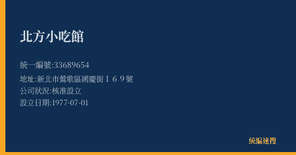 北方小吃館的照片-統編 33689654(新北市) 公司登記資料與營業項目詳細圖表