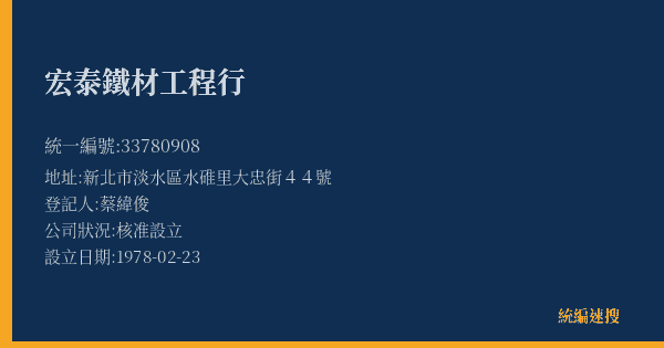宏泰鐵材工程行的照片-統編 33780908(新北市) 公司登記資料與營業項目詳細圖表