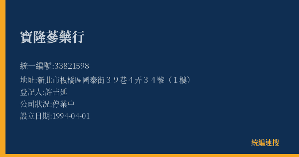 寶隆蔘藥行的照片-統編 33821598(新北市) 公司登記資料與營業項目詳細圖表