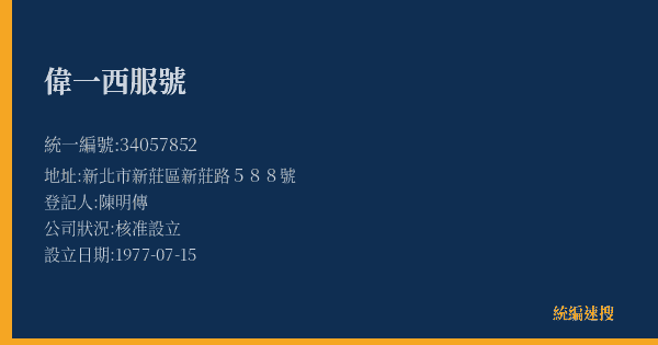 偉一西服號的照片-統編 34057852(新北市) 公司登記資料與營業項目詳細圖表