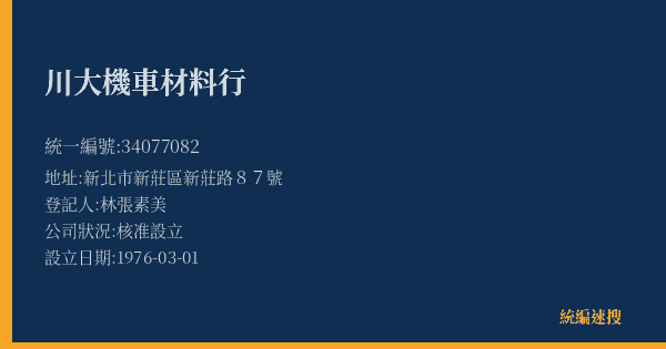 川大機車材料行的照片-統編 34077082(新北市) 公司登記資料與營業項目詳細圖表