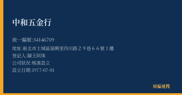 中和五金行的照片-統編 34146709(新北市) 公司登記資料與營業項目詳細圖表