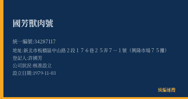 國芳獸肉號的照片-統編 34287117(新北市) 公司登記資料與營業項目詳細圖表