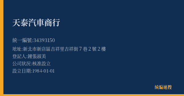 天泰汽車商行的照片-統編 34393150(新北市) 公司登記資料與營業項目詳細圖表