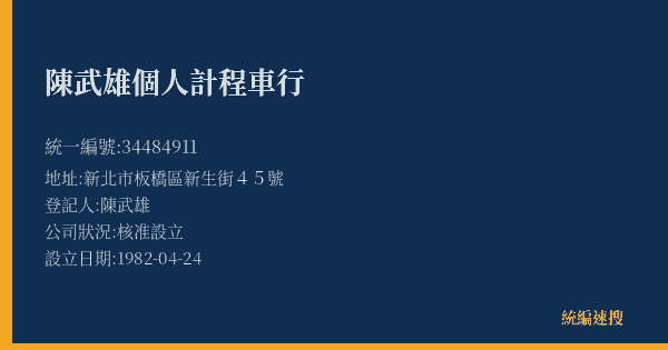 陳武雄個人計程車行的照片-統編 34484911(新北市) 公司登記資料與營業項目詳細圖表