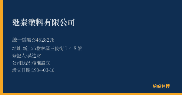 進泰塗料有限公司的照片-統編 34528278(新北市) 公司登記資料與營業項目詳細圖表