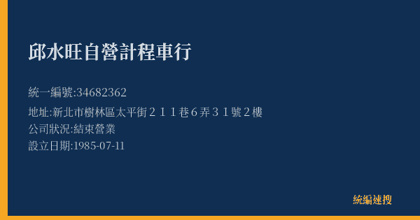 邱水旺自營計程車行的照片-統編 34682362(新北市) 公司登記資料與營業項目詳細圖表