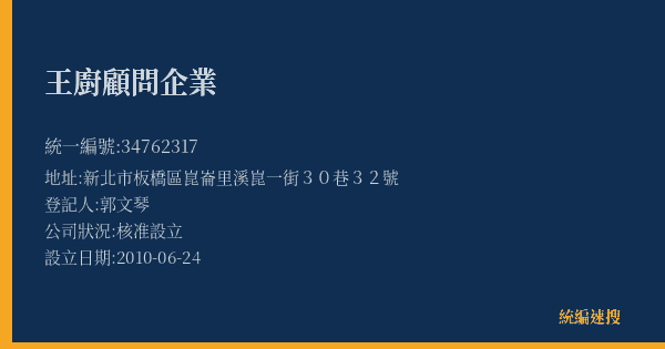 王廚顧問企業的照片-統編 34762317(新北市) 公司登記資料與營業項目詳細圖表