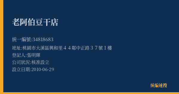 老阿伯豆干店的照片-統編 34818683(桃園市) 公司登記資料與營業項目詳細圖表
