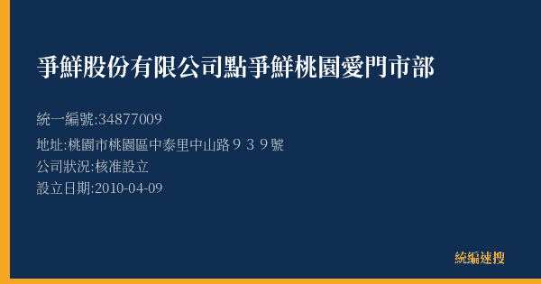 爭鮮股份有限公司點爭鮮桃園愛門市部的照片-統編 34877009(桃園市) 公司登記資料與營業項目詳細圖表