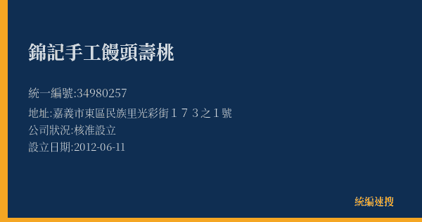 錦記手工饅頭壽桃的照片-統編 34980257(嘉義市) 公司登記資料與營業項目詳細圖表