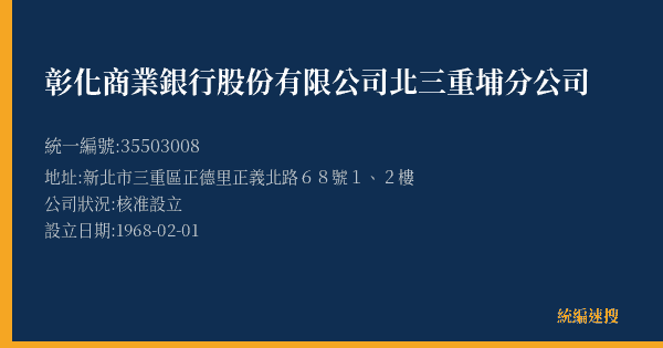 彰化商業銀行股份有限公司北三重埔分公司的照片-統編 35503008(新北市) 公司登記資料與營業項目詳細圖表