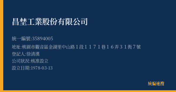 昌埜工業股份有限公司的照片-統編 35894005(桃園市) 公司登記資料與營業項目詳細圖表