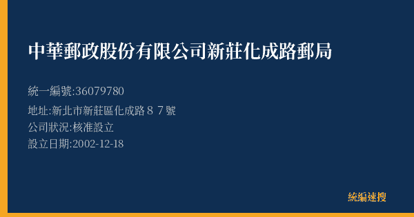 中華郵政股份有限公司新莊化成路郵局的照片-統編 36079780(新北市) 公司登記資料與營業項目詳細圖表