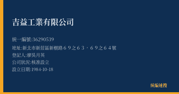 吉益工業有限公司的照片-統編 36290539(新北市) 公司登記資料與營業項目詳細圖表