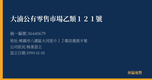 大湳公有零售市場乙類121號的照片-統編 36440679(桃園市) 公司登記資料與營業項目詳細圖表