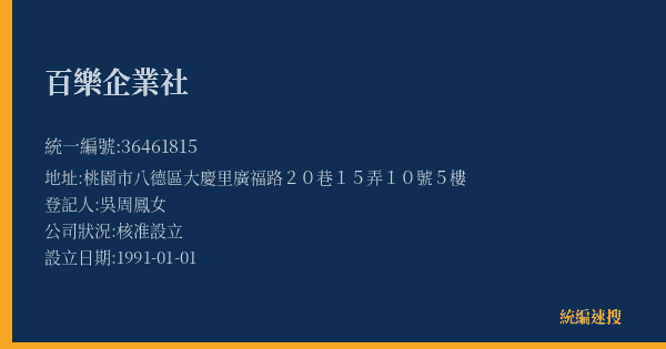 百樂企業社的照片-統編 36461815(桃園市) 公司登記資料與營業項目詳細圖表
