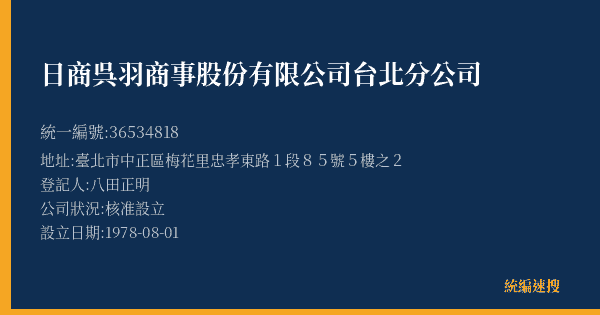 日商呉羽商事股份有限公司台北分公司的照片-統編 36534818(臺北市) 公司登記資料與營業項目詳細圖表