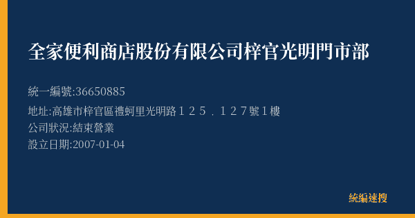 全家便利商店股份有限公司梓官光明門市部的照片-統編 36650885(高雄市) 公司登記資料與營業項目詳細圖表