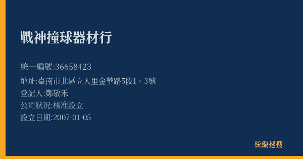 戰神撞球器材行的照片-統編 36658423(臺南市) 公司登記資料與營業項目詳細圖表