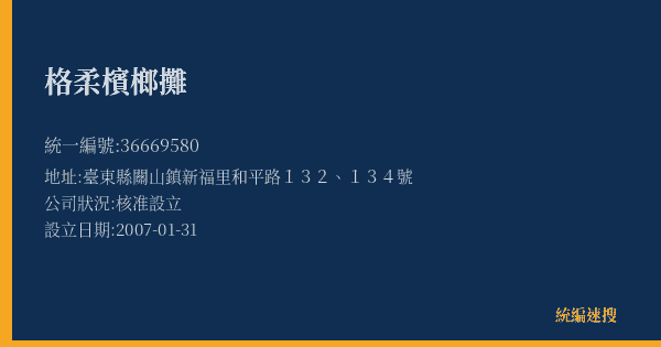 格柔檳榔攤的照片-統編 36669580(臺東縣) 公司登記資料與營業項目詳細圖表