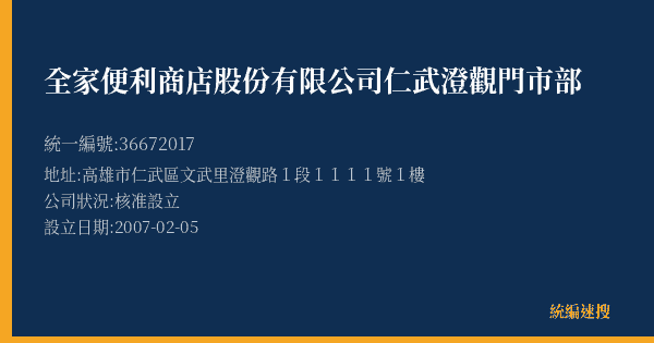 全家便利商店股份有限公司仁武澄觀門市部的照片-統編 36672017(高雄市) 公司登記資料與營業項目詳細圖表