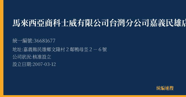 馬來西亞商科士威有限公司台灣分公司嘉義民雄店的照片-統編 36681677(嘉義縣) 公司登記資料與營業項目詳細圖表