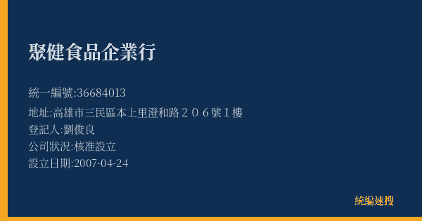 聚健食品企業行的照片-統編 36684013(高雄市) 公司登記資料與營業項目詳細圖表