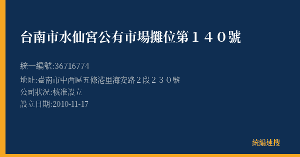 台南市水仙宮公有市場攤位第140號的照片-統編 36716774(臺南市) 公司登記資料與營業項目詳細圖表