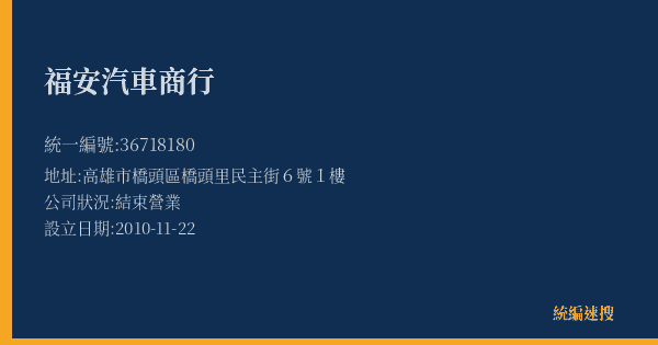 福安汽車商行的照片-統編 36718180(高雄市) 公司登記資料與營業項目詳細圖表