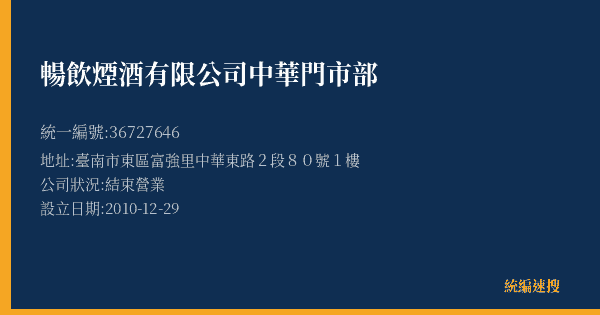 暢飲煙酒有限公司中華門市部的照片-統編 36727646(臺南市) 公司登記資料與營業項目詳細圖表