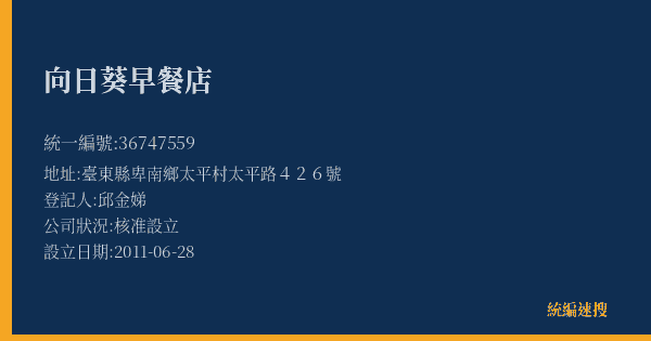 向日葵早餐店的照片-統編 36747559(臺東縣) 公司登記資料與營業項目詳細圖表