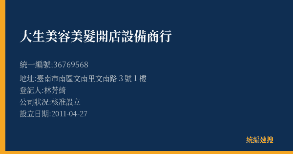 大生美容美髮開店設備商行的照片-統編 36769568(臺南市) 公司登記資料與營業項目詳細圖表