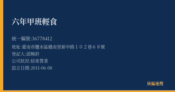 六年甲班輕食的照片-統編 36778412(臺南市) 公司登記資料與營業項目詳細圖表
