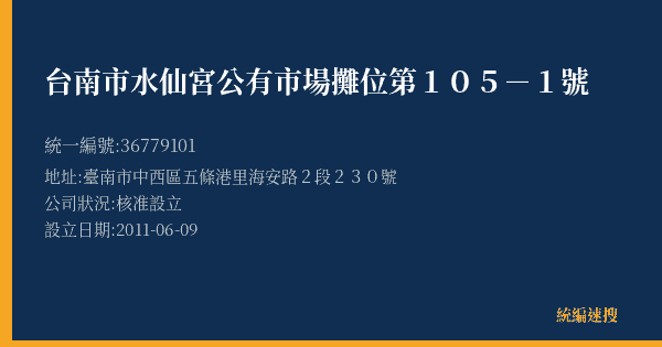 台南市水仙宮公有市場攤位第105-1號的照片-統編 36779101(臺南市) 公司登記資料與營業項目詳細圖表