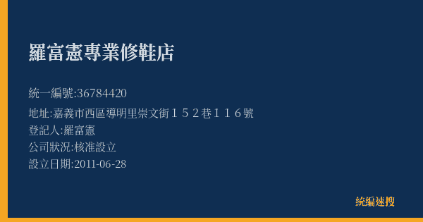 羅富憲專業修鞋店的照片-統編 36784420(嘉義市) 公司登記資料與營業項目詳細圖表