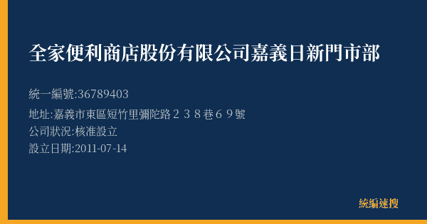 全家便利商店股份有限公司嘉義日新門市部的照片-統編 36789403(嘉義市) 公司登記資料與營業項目詳細圖表