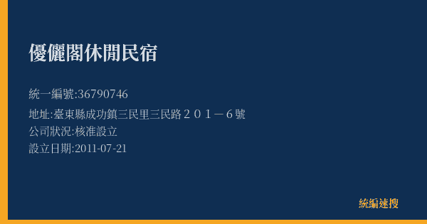 優儷閣休閒民宿的照片-統編 36790746(臺東縣) 公司登記資料與營業項目詳細圖表