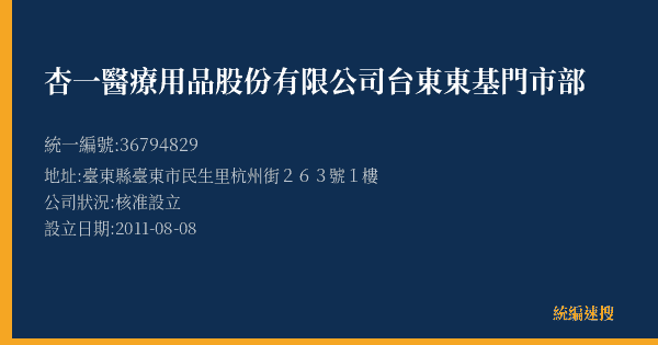 杏一醫療用品股份有限公司台東東基門市部的照片-統編 36794829(臺東縣) 公司登記資料與營業項目詳細圖表