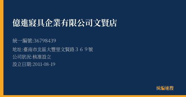 億進寢具企業有限公司文賢店的照片-統編 36798439(臺南市) 公司登記資料與營業項目詳細圖表
