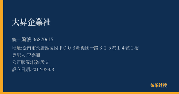 大昇企業社的照片-統編 36820615(臺南市) 公司登記資料與營業項目詳細圖表