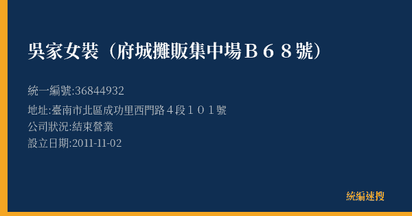 吳家女裝(府城攤販集中場B68號)的照片-統編 36844932(臺南市) 公司登記資料與營業項目詳細圖表