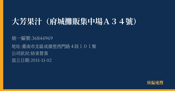 大芳果汁(府城攤販集中場A34號)的照片-統編 36844969(臺南市) 公司登記資料與營業項目詳細圖表