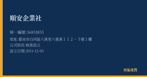 順安企業社的照片-統編 36851855(臺南市) 公司登記資料與營業項目詳細圖表