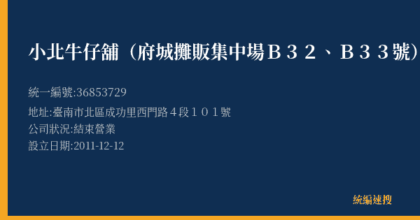 小北牛仔舖(府城攤販集中場B32、B33號)的照片-統編 36853729(臺南市) 公司登記資料與營業項目詳細圖表