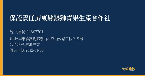 保證責任屏東縣銀獅青果生產合作社的照片-統編 36867701(屏東縣) 公司登記資料與營業項目詳細圖表