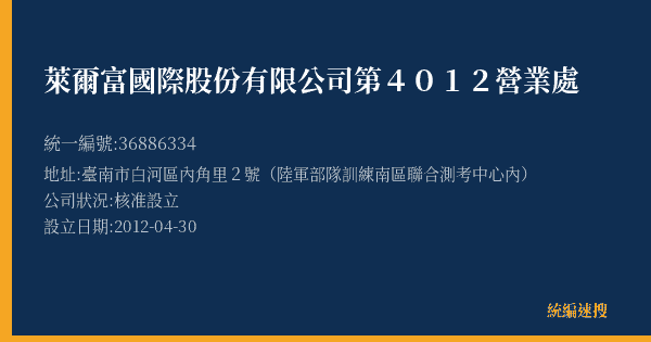 萊爾富國際股份有限公司第4012營業處的照片-統編 36886334(臺南市) 公司登記資料與營業項目詳細圖表