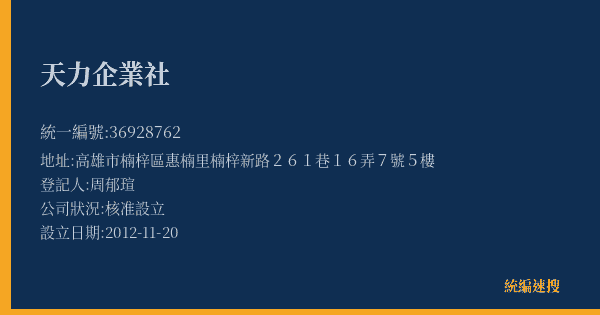 天力企業社的照片-統編 36928762(高雄市) 公司登記資料與營業項目詳細圖表