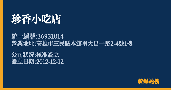 珍香小吃店的照片-統編 36931014 公司登記資料與營業項目詳細圖表